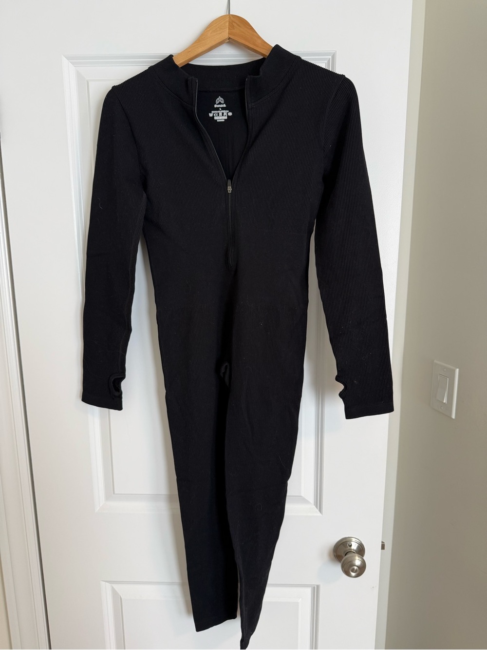 Black Ribbed Zip Front Long Sleeve Jumpsuit